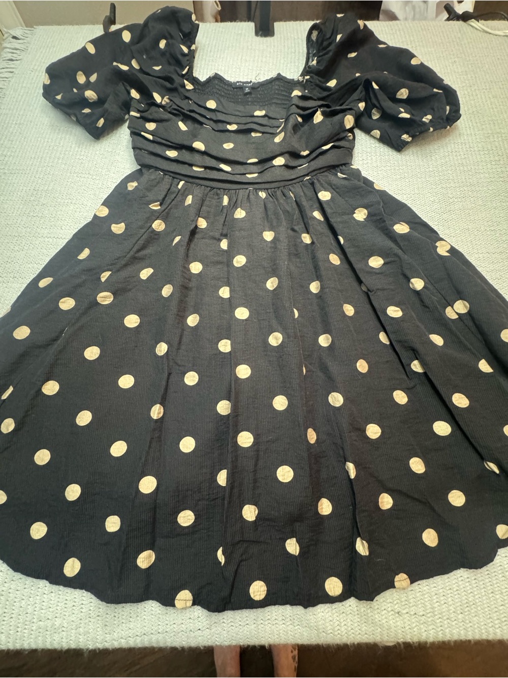 NWOT Never worn. Blu Pepper Black Dress with Gold Polka Dots and Puff Sleeves